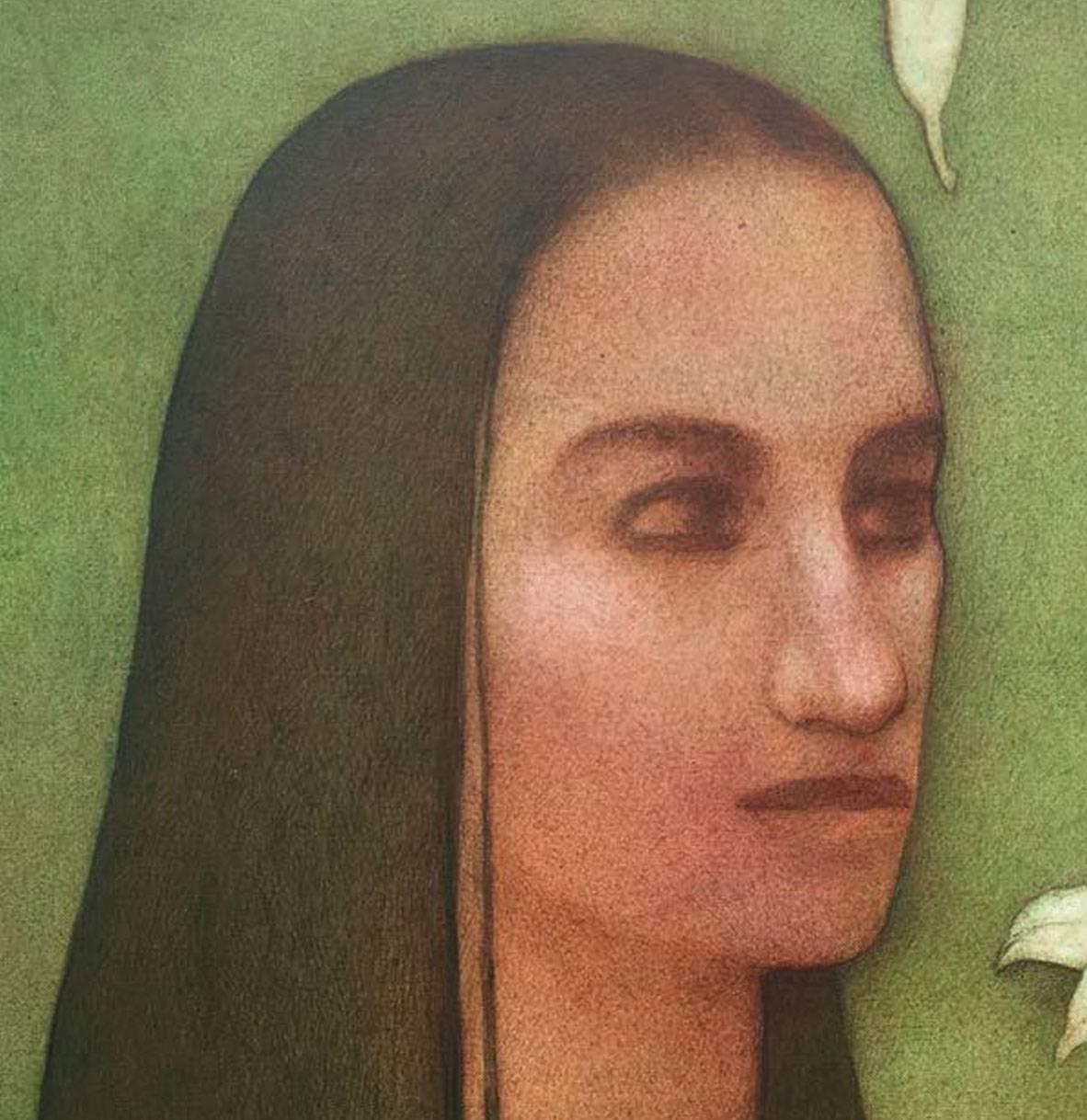 Figurative, woman with long hair, eyesight, acrylic in green, black by Chandra - Painting by Chandra Bhattacharya
