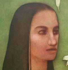 Figurative, woman with long hair, eyesight, acrylic in green, black by Chandra