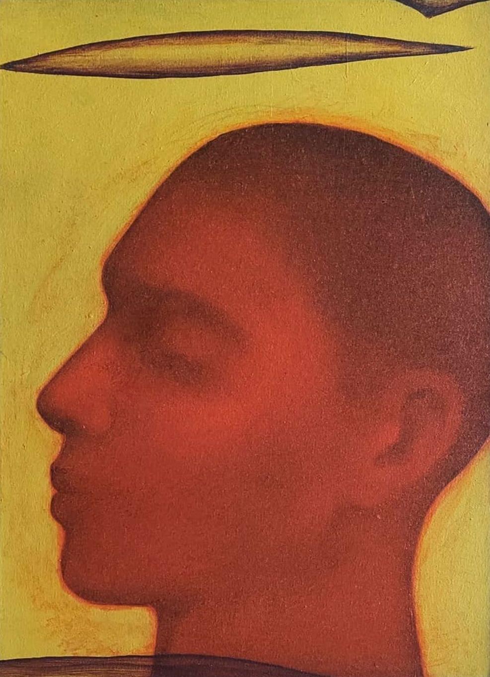 Chandra Bhattacharya Figurative Painting - Head, Acrylic on Canvas, Red, Yellow Colors by Contemporary Artist “In Stock”