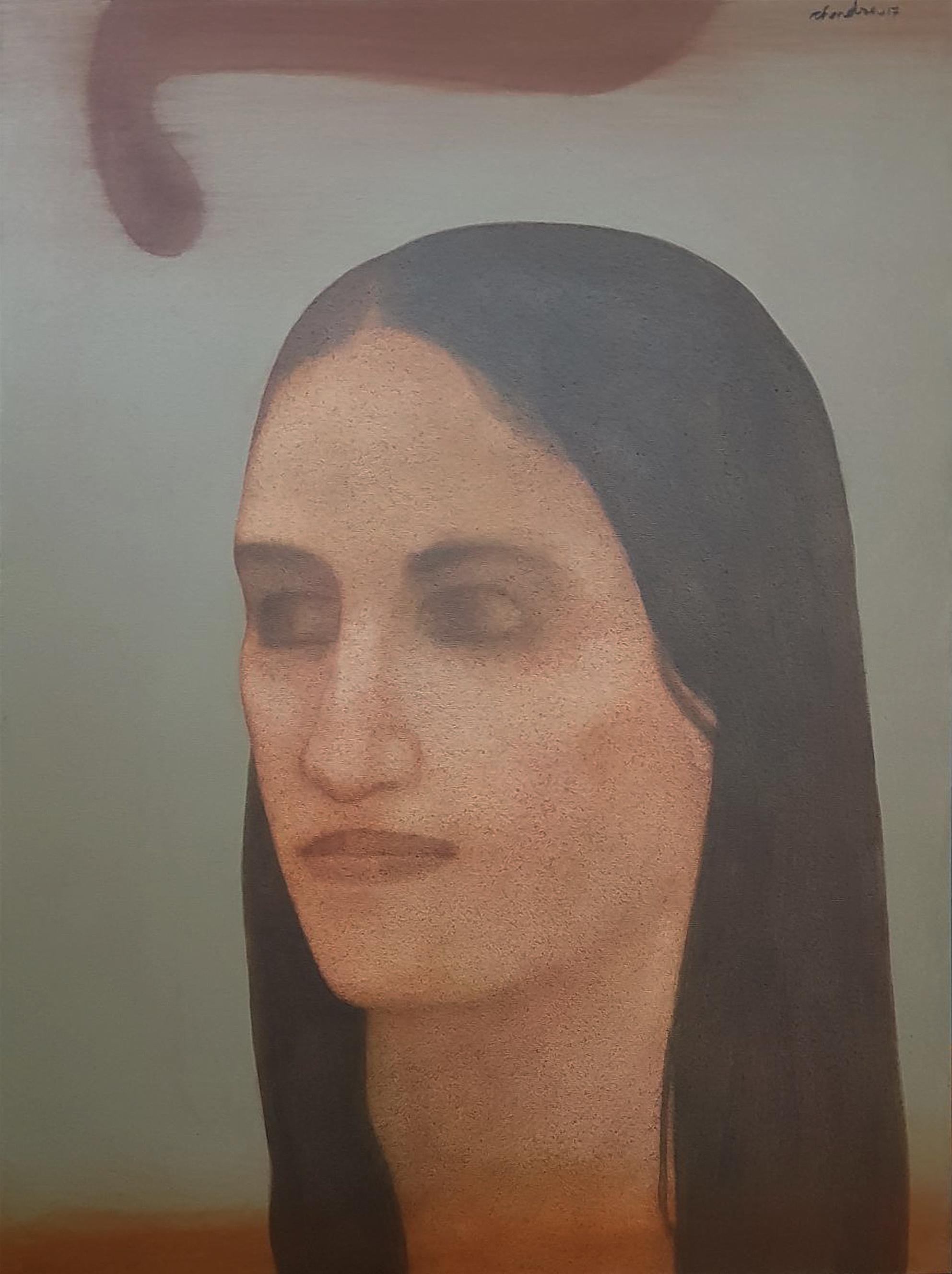 Chandra Bhattacharya Portrait Painting - Lady, Long Hair, Acrylic on Canvas, Brown, Famous Contemporary Artist "In Stock"