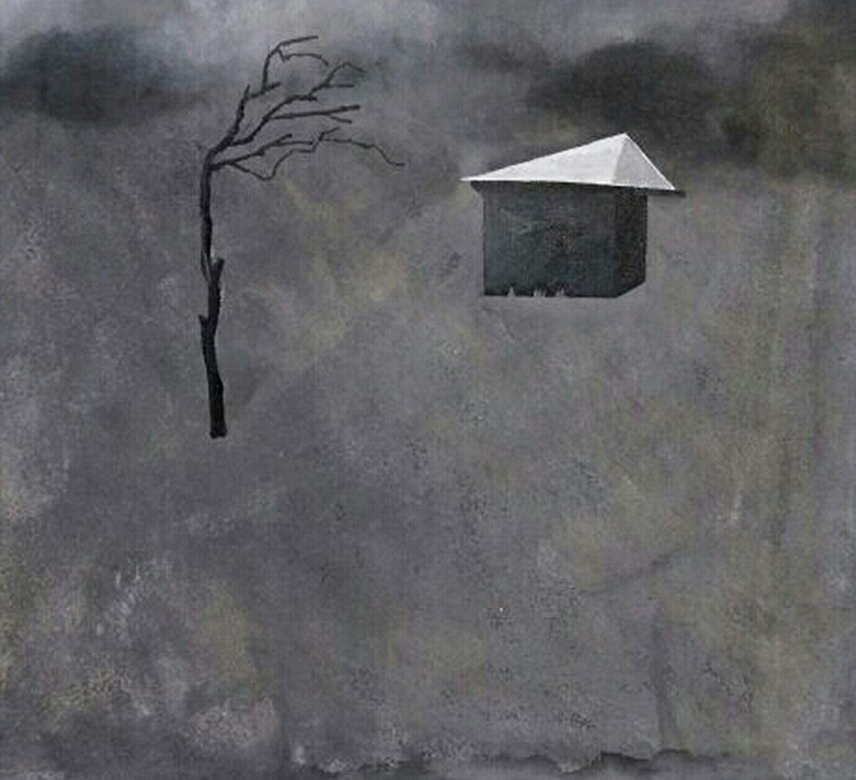 Landscape, Tree, House, Acrylic on Canvas, Black, Grey by Indian Artist