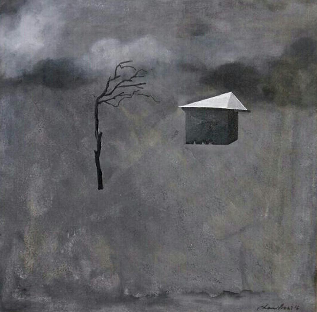 Chandra Bhattacharya Landscape Painting - Landscape, Tree, House, Acrylic on Canvas, Black, Grey by Indian Artist"In Stock"