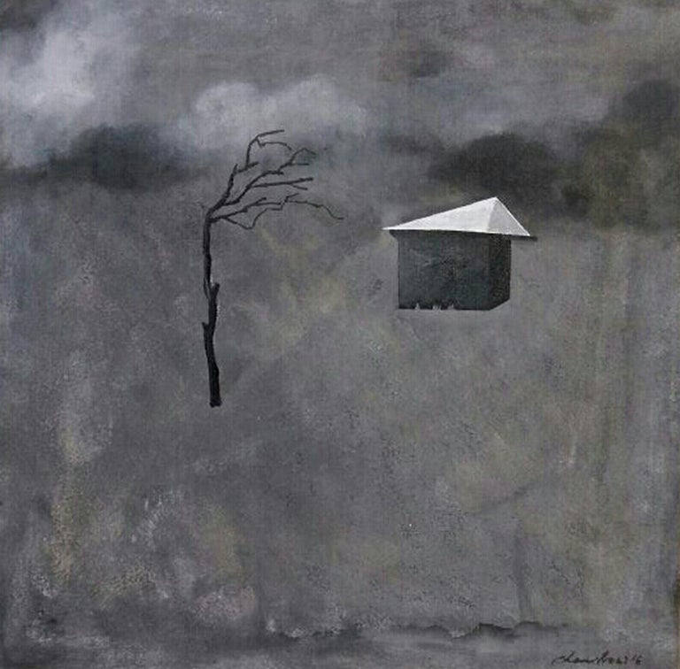 Chandra Bhattacharya Landscape Tree House Acrylic On Canvas