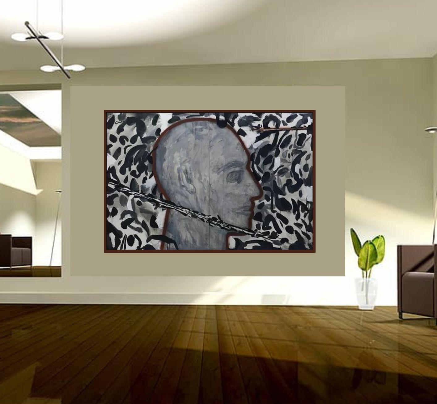 Homme, visage, acrylique sur toile, noir, gris par Contemporary Indian Artist 