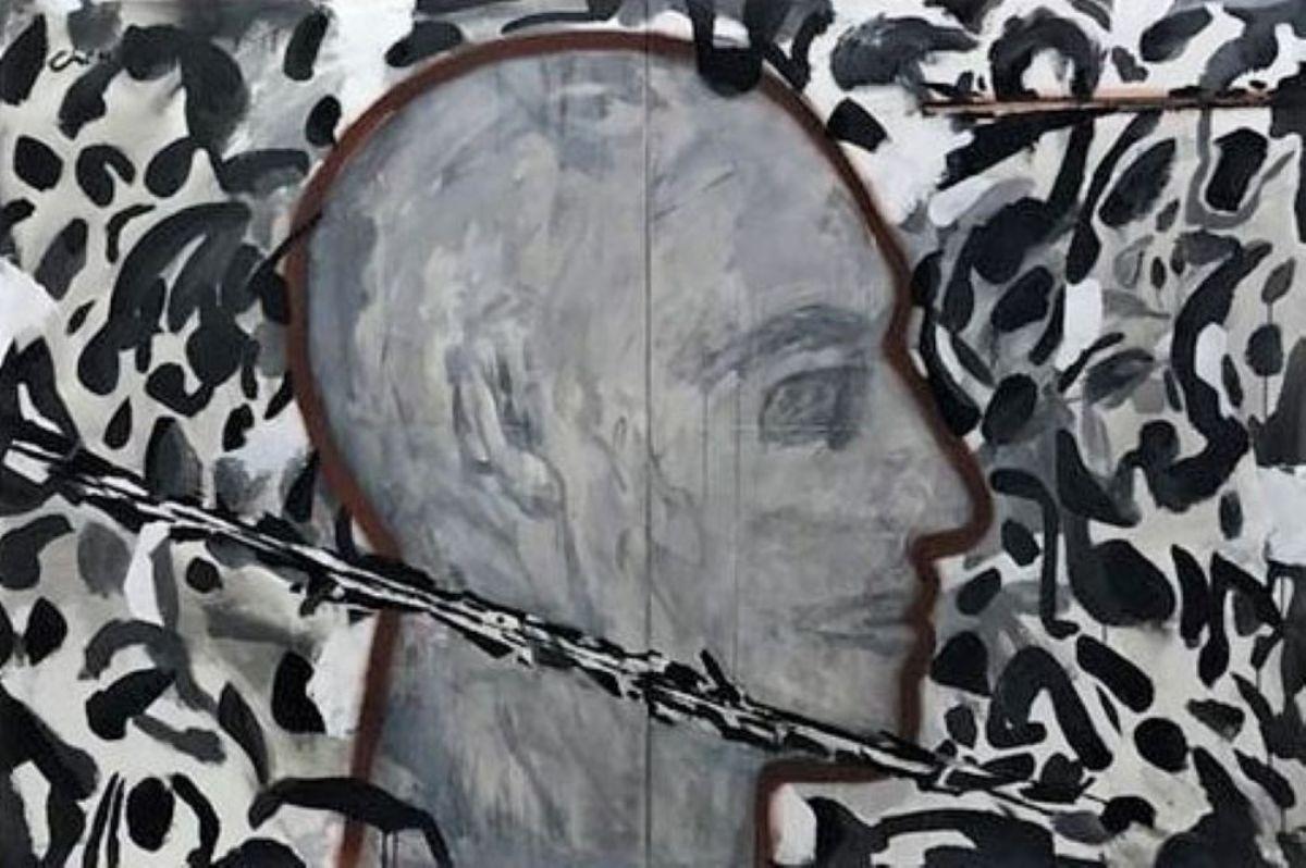 Chandra Bhattacharya Figurative Painting - Man, Face, Acrylic on Canvas, Black, Grey by Contemporary Indian Artist"In Stock