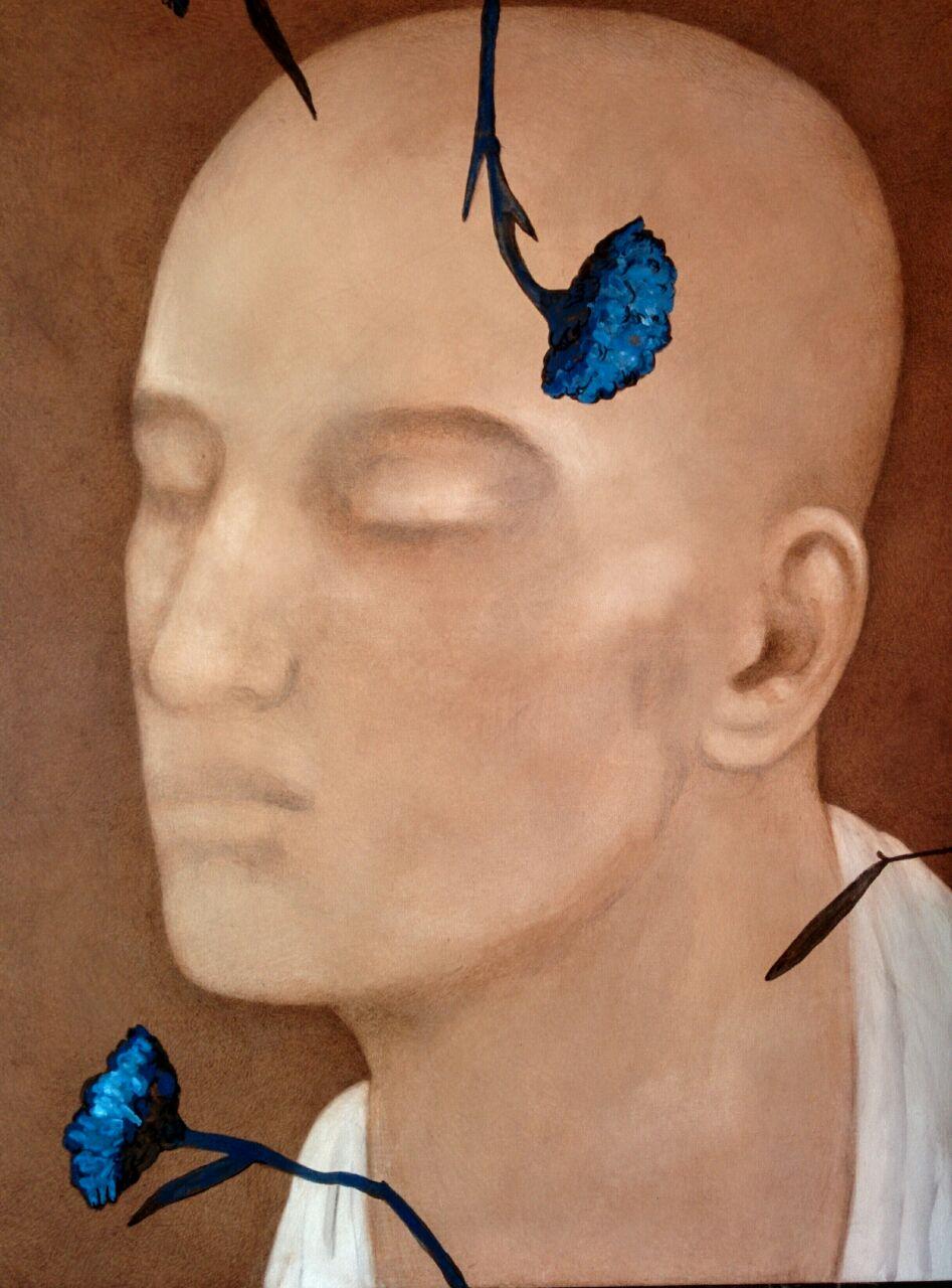 Thinking Man, Acrylic on Canvas, Brown, Blue by Contemporary Artist 
