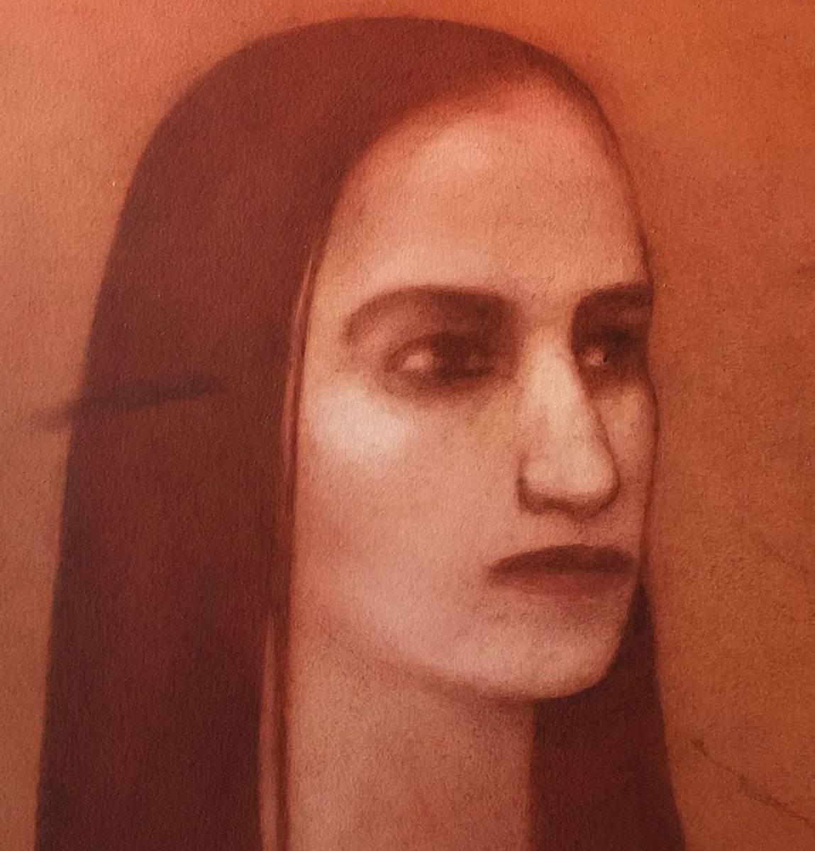 Woman with long hair, calm eyesight, figurative, red, brown by Contemporary Artist - Painting by Chandra Bhattacharya