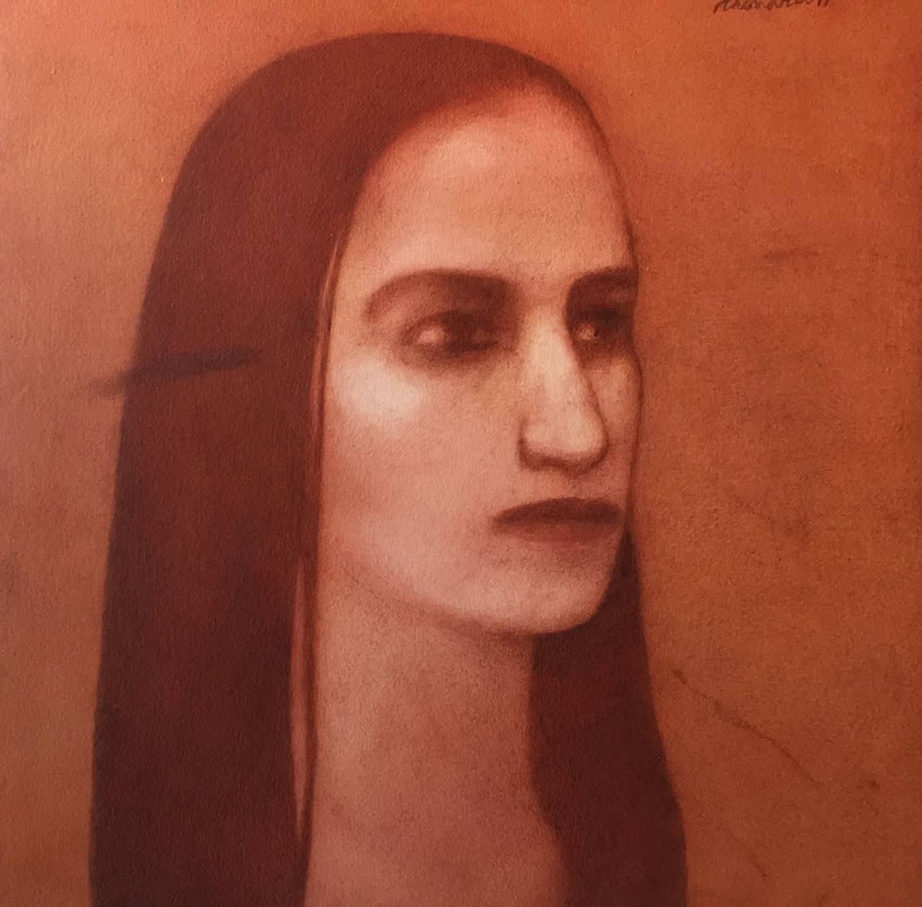 Chandra Bhattacharya Figurative Painting - Woman with long hair, calm eyesight, figurative, red, brown by Contemporary Artist