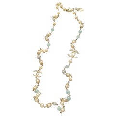 Chane B19 Blue Beaded Pearl CC Logo Necklace