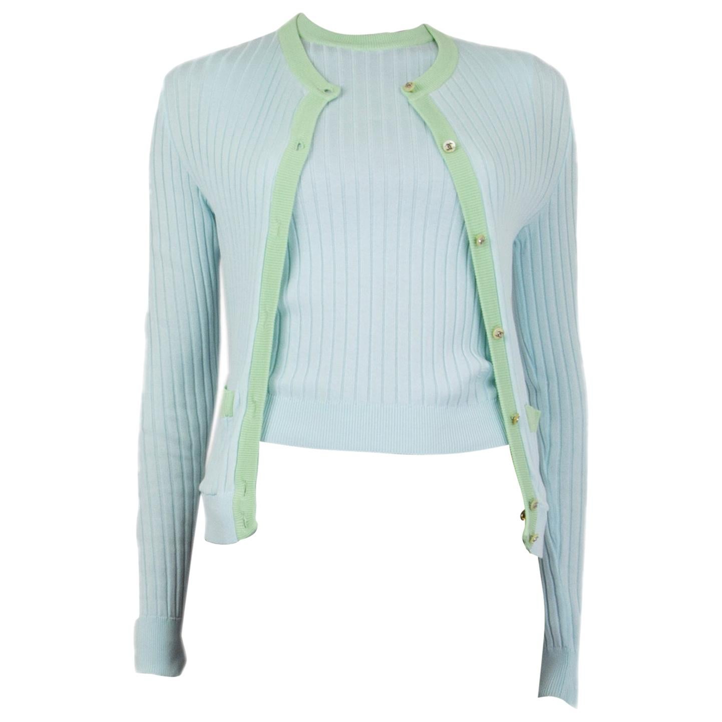 CHANE blue & green cotton Twinset Sweater 36 XS