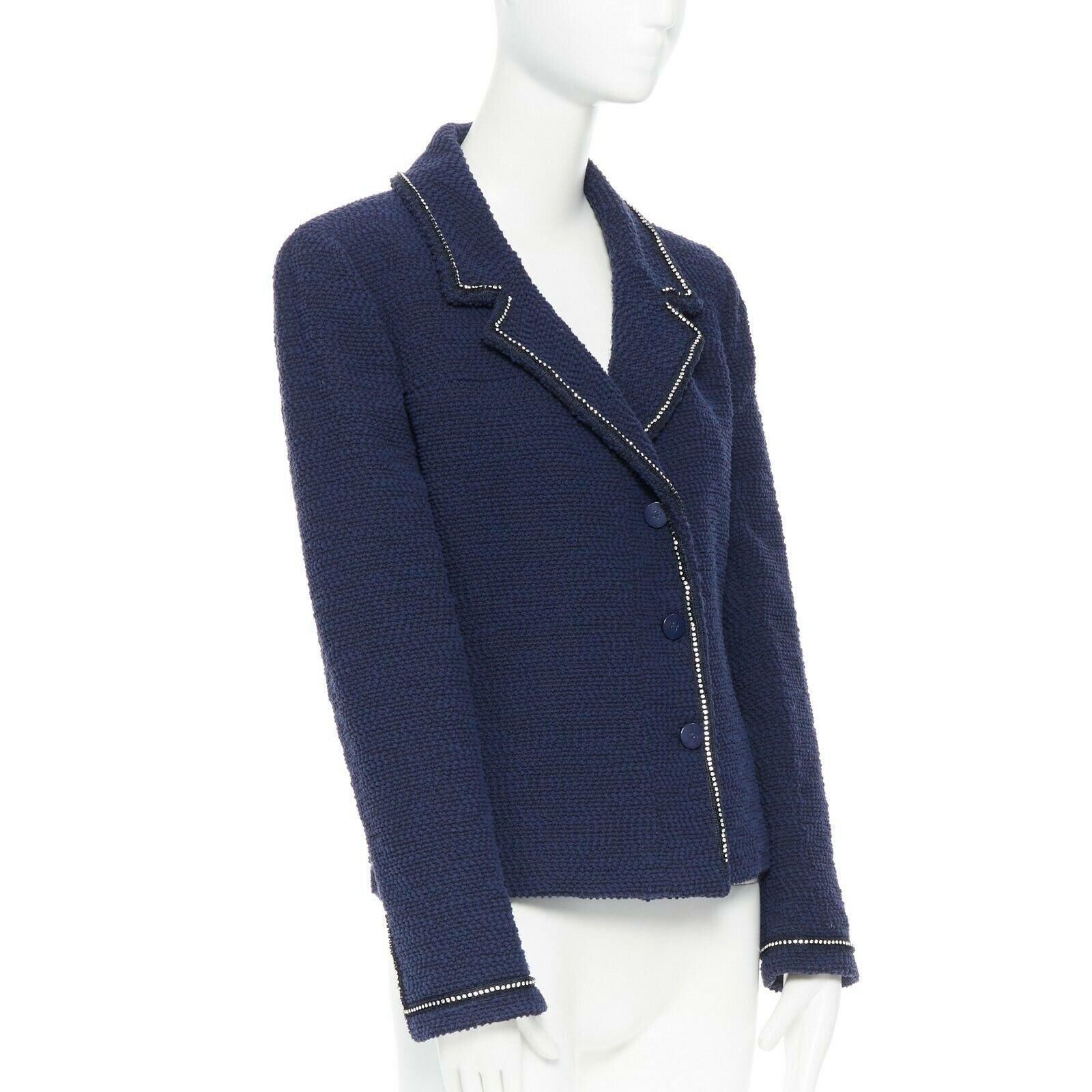 CHANEL 00A blue boucle tweed crystal strass A-line cropped blazer jacket FR42
Brand: Chanel
Designer: Karl Lagerfeld
Collection: 00A 
Material: Viscose
Color: Blue
Pattern: Solid
Closure: Button
Extra Detail: Textured boucle fabric. Notch lapel.
