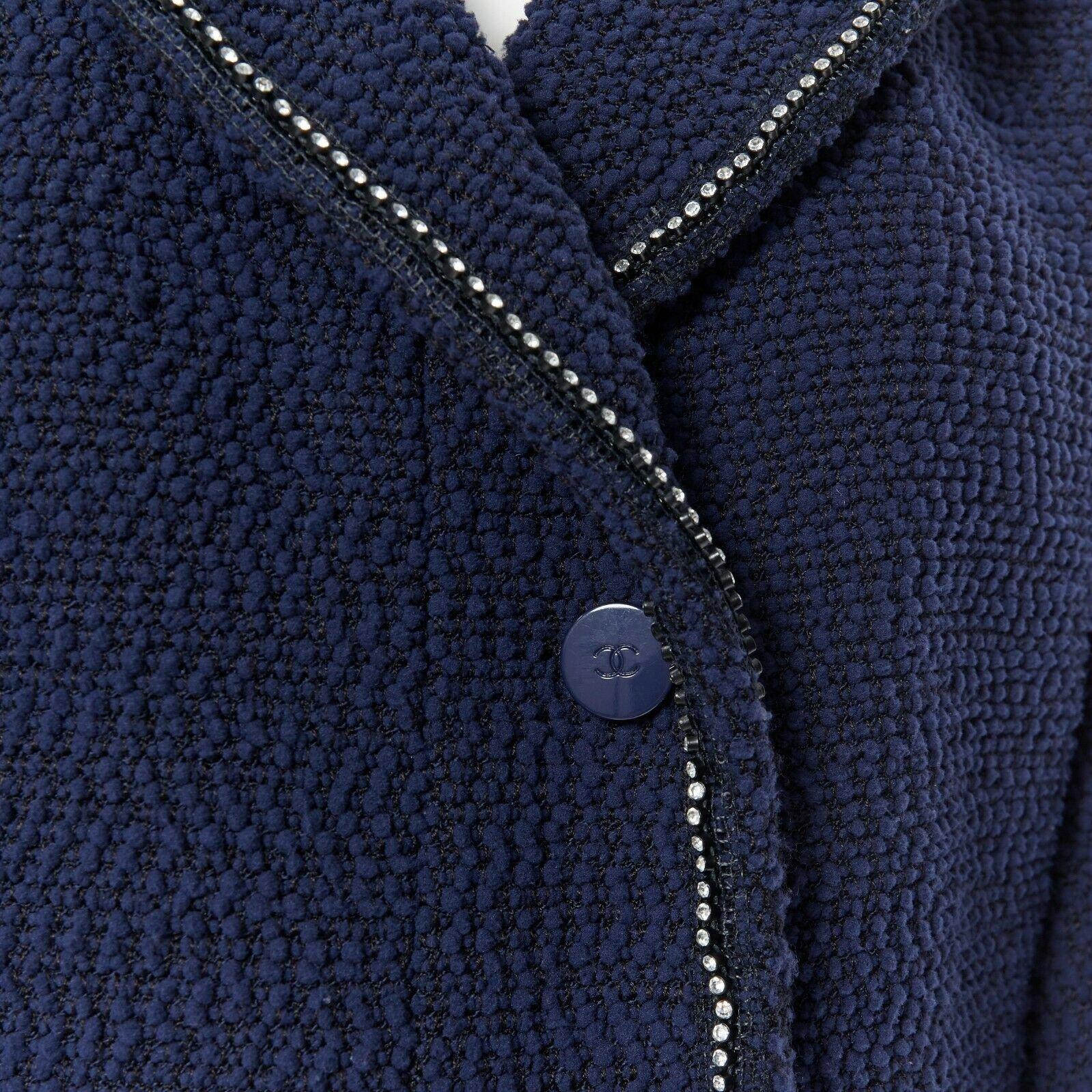 Women's CHANEL 00A blue boucle tweed crystal strass A-line cropped blazer jacket FR42