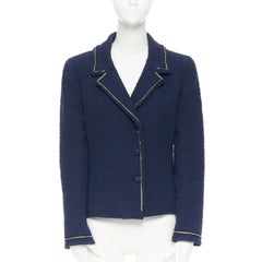 CHANEL 00A blue boucle tweed crystal strass A-line cropped blazer jacket FR42