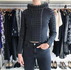 Chanel 00A Grey Wool Cropped Chocolate Bar Textured Sweater - S