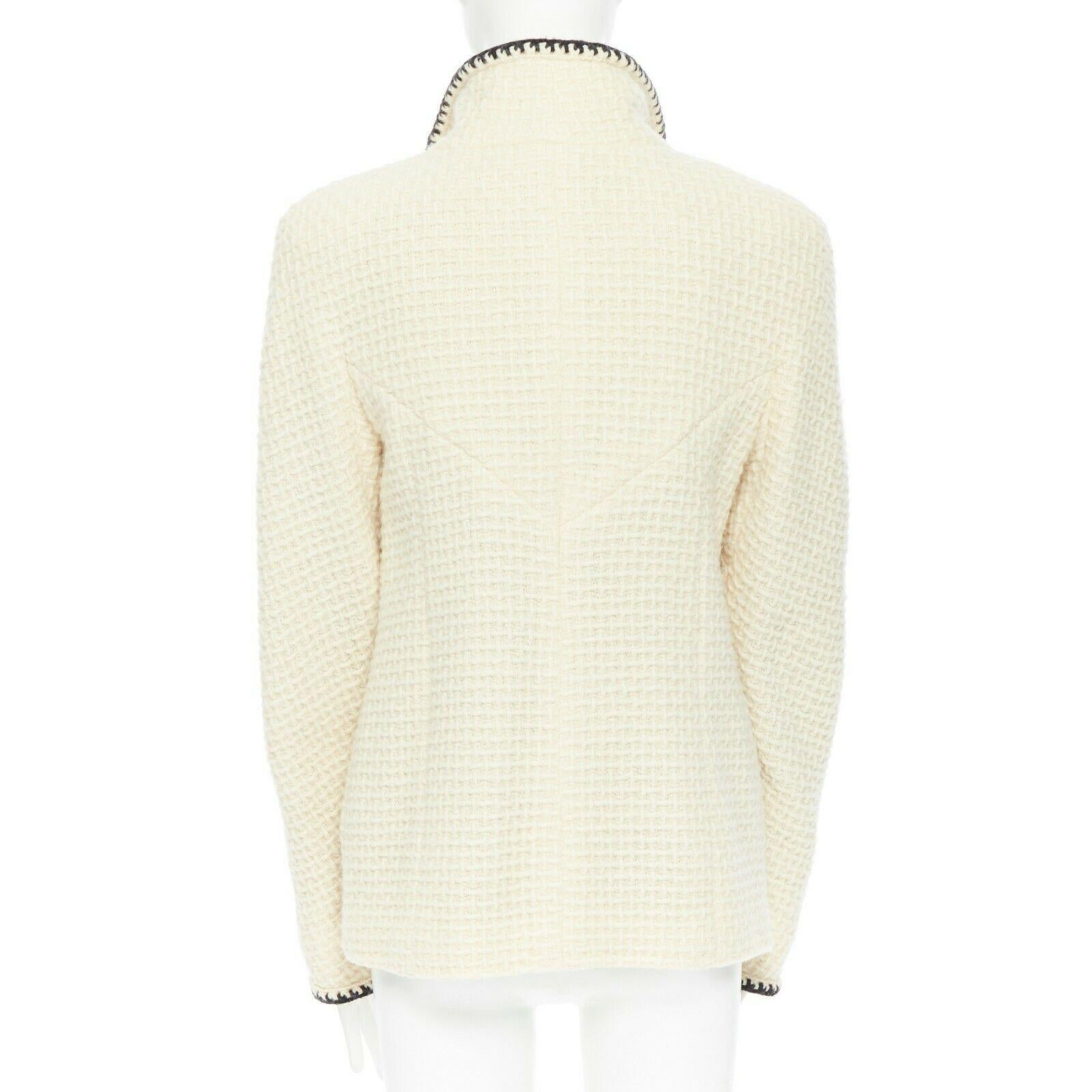 White CHANEL 00A ivory waffle tweed black trim print collar zip-up jacket FR42