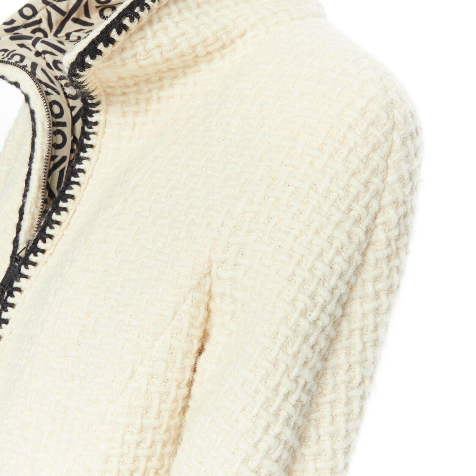 CHANEL 00A ivory waffle tweed black trim print collar zip-up jacket FR42 1