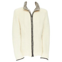 CHANEL 00A ivory waffle tweed black trim print collar zip-up jacket FR42