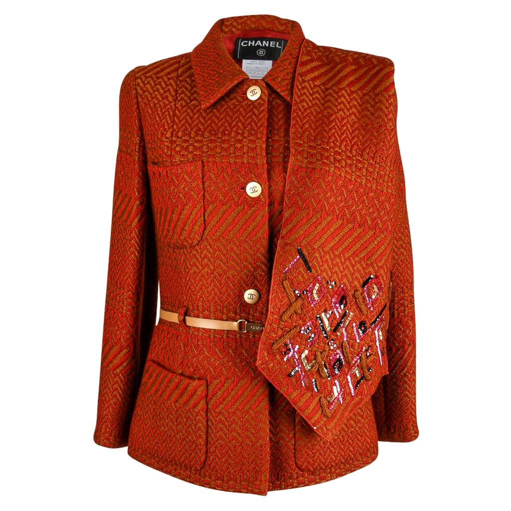 Chanel 00A Jacket Red Camel w/ Sequined Scarf Diamante CC