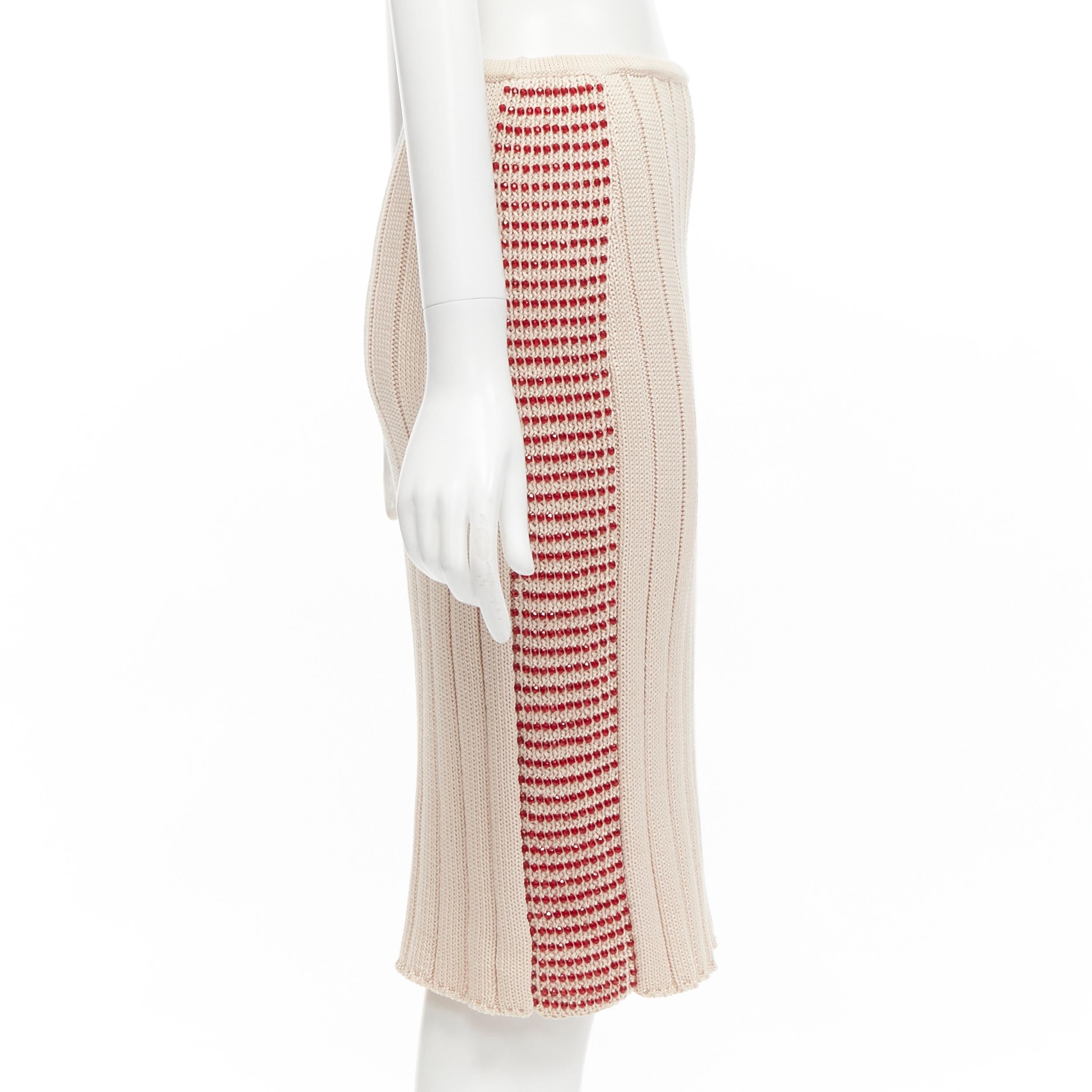 Beige CHANEL 00C cotton red bead trim ribbed knit CC logo skirt FR38 M