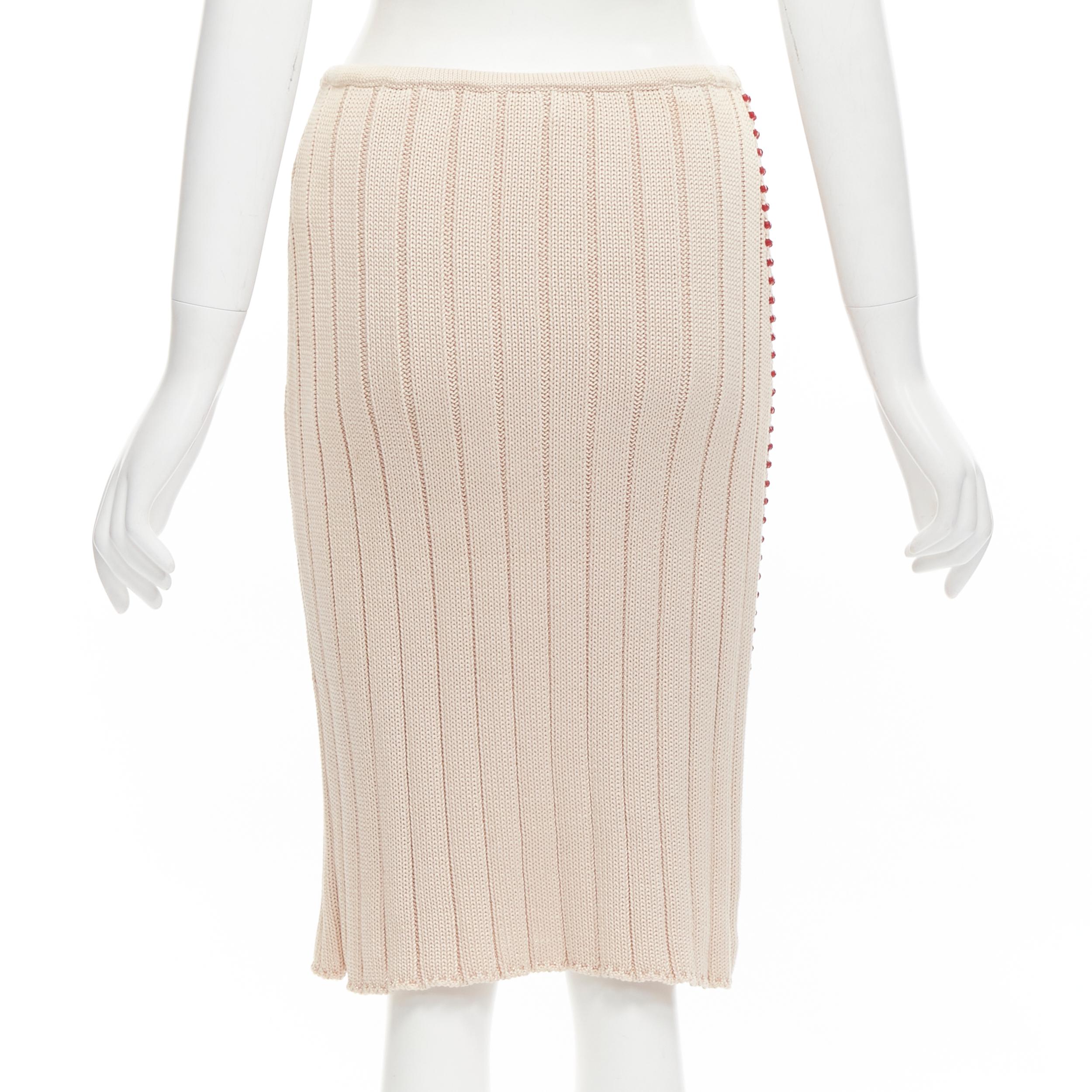 CHANEL 00C cotton red bead trim ribbed knit CC logo skirt FR38 M In Excellent Condition In Hong Kong, NT