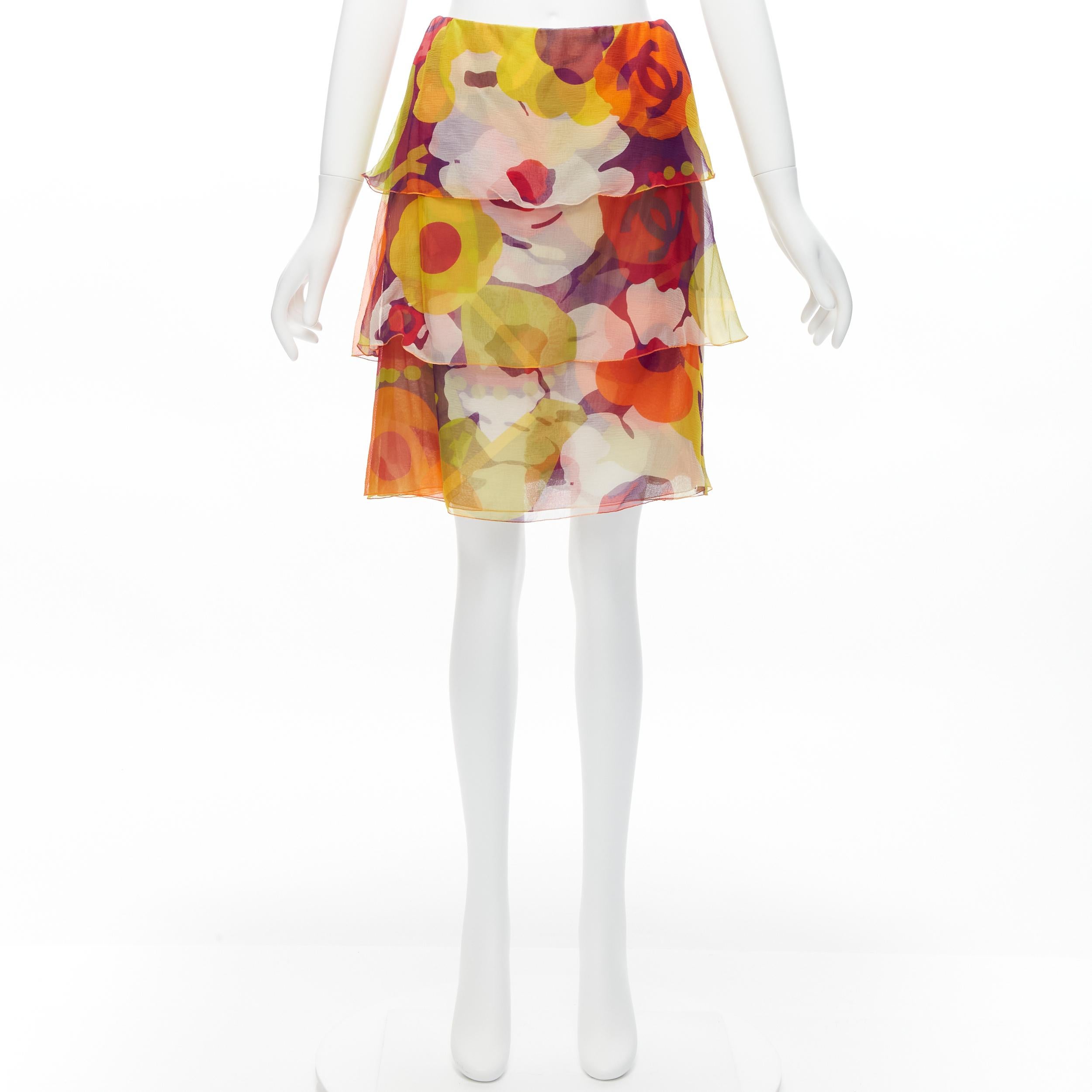 CHANEL 00T CC logo multicolour floral print tiered skirt FR38 M 6