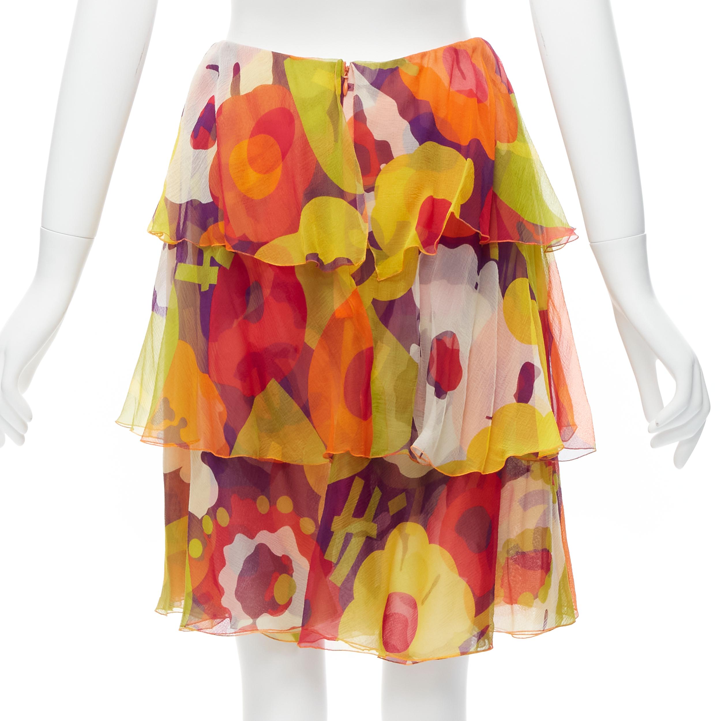 Women's CHANEL 00T CC logo multicolour floral print tiered skirt FR38 M