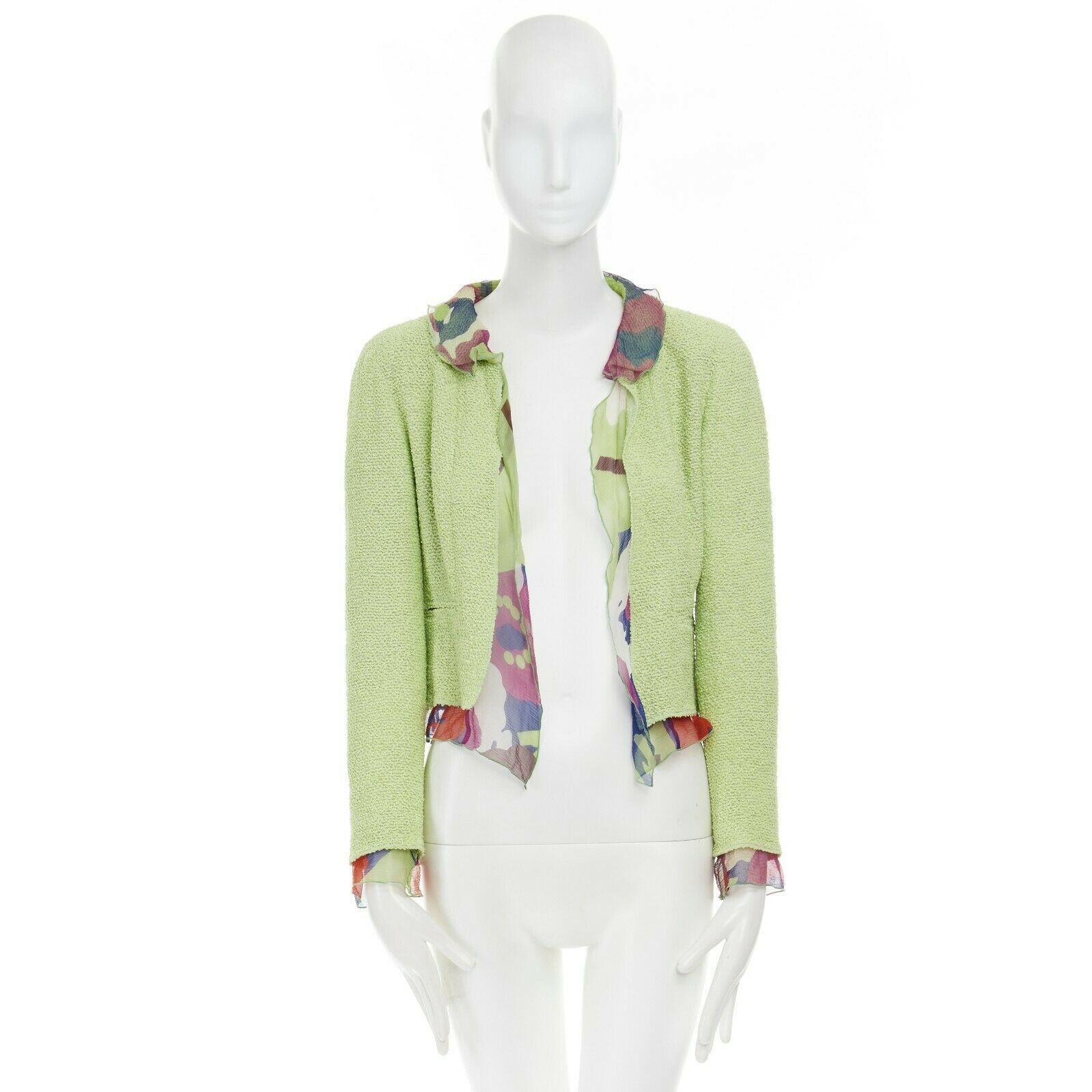 CHANEL 00T lime green wool tweed printed floral silk trimmed cropped jacket  FR40