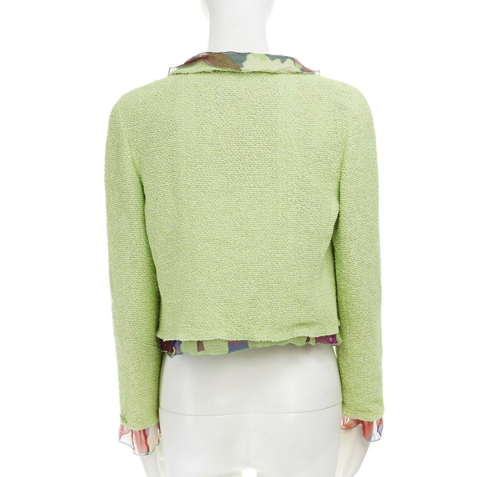 Green CHANEL 00T lime green wool tweed printed floral silk trimmed cropped jacket FR40