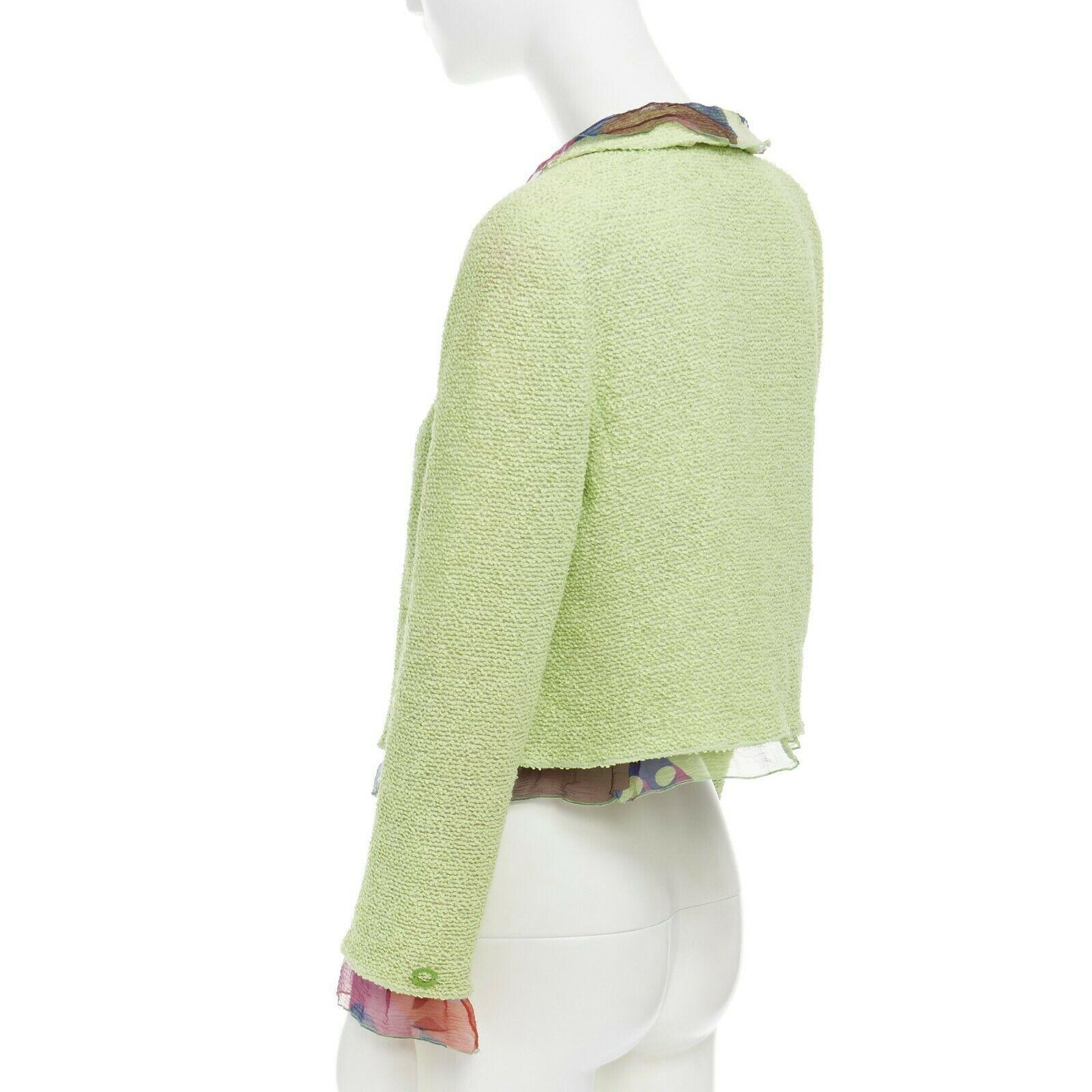 CHANEL 00T lime green wool tweed printed floral silk trimmed cropped jacket FR40 In Excellent Condition In Hong Kong, NT