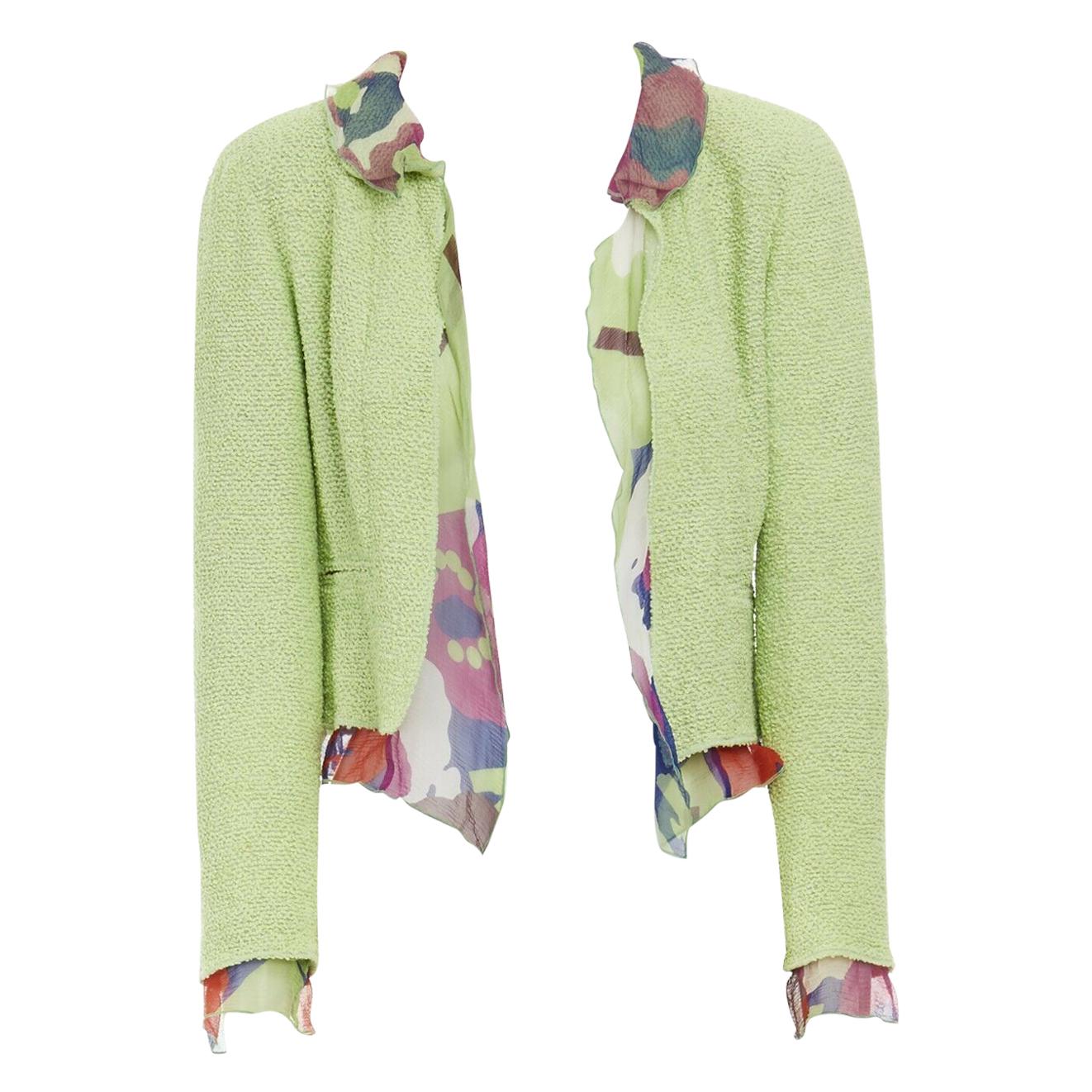 CHANEL 00T lime green wool tweed printed floral silk trimmed cropped jacket FR40