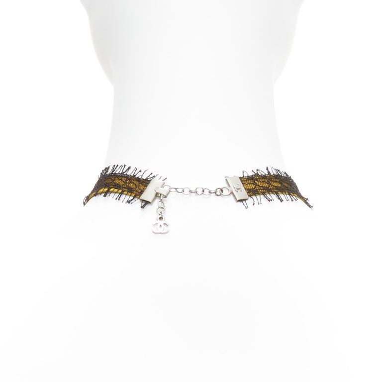 CHANEL 00T rainbow crystal CC logo black lace yellow suede choker ...