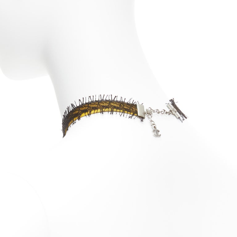 CHANEL 00T rainbow crystal CC logo black lace yellow suede choker ...