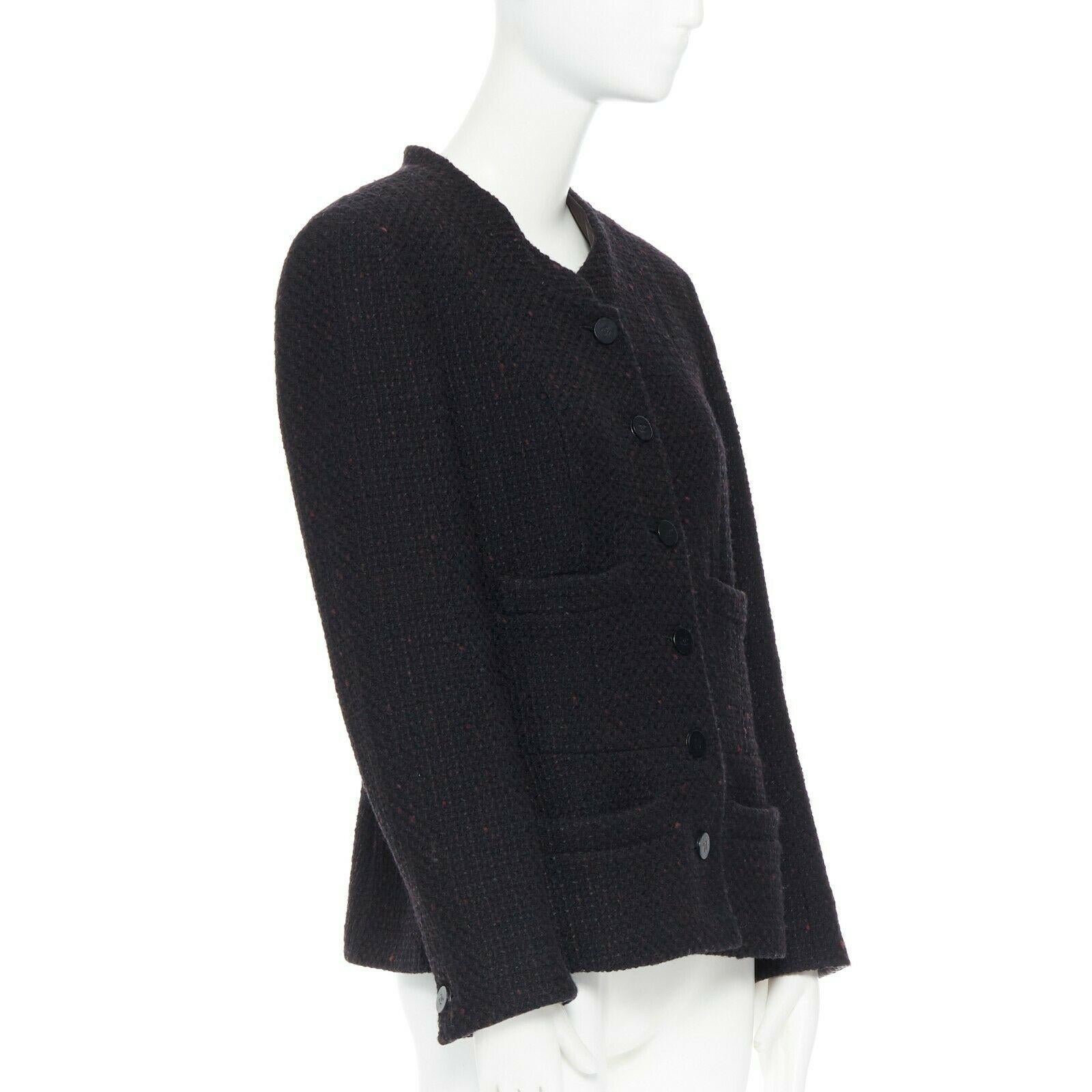 Black CHANEL 01A black red brown wool blend tweed leather inset 4 pocket jacket FR42