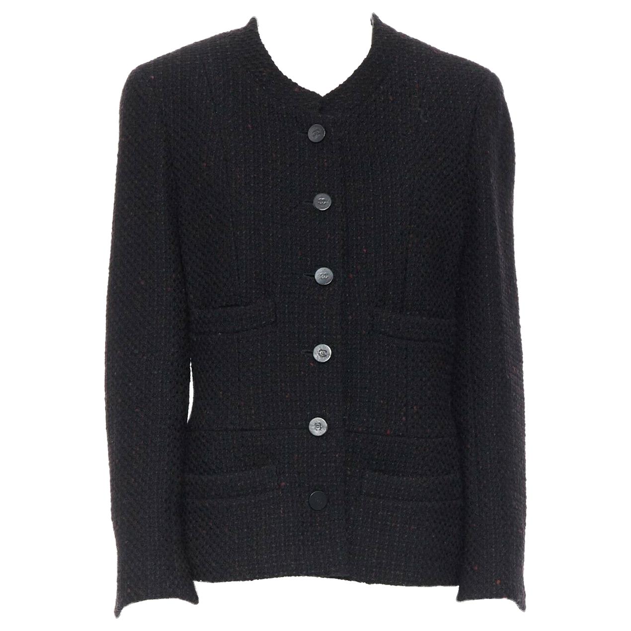 CHANEL 01A black red brown wool blend tweed leather inset 4 pocket jacket FR42