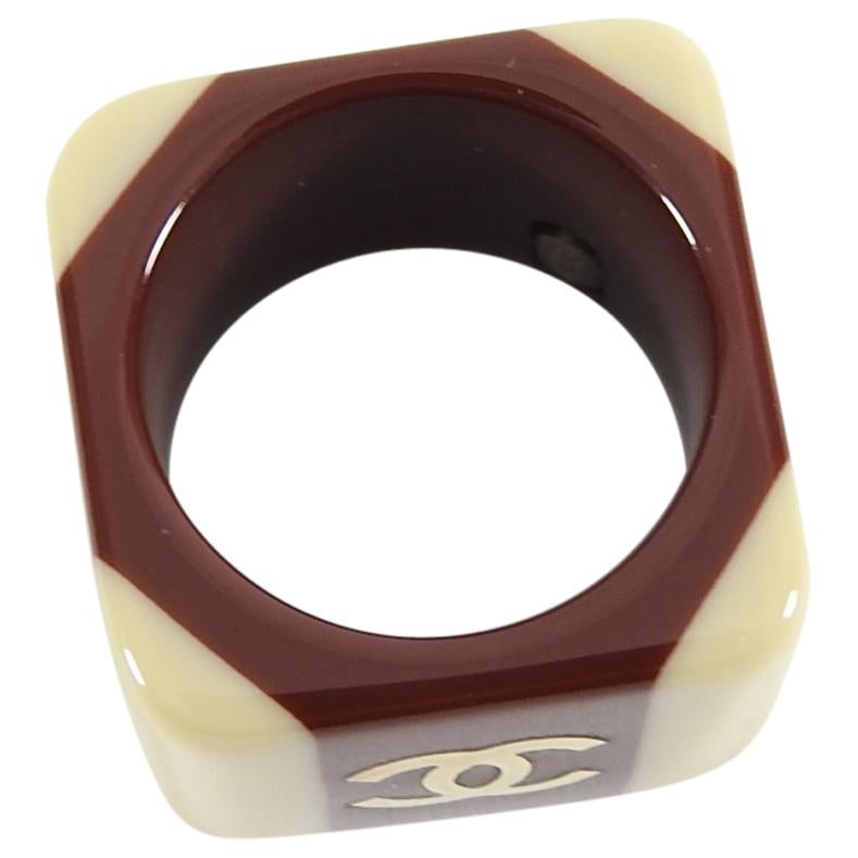 Women's Chanel 01A Brown and Beige Two-Tone CC Acrylic Statement Ring