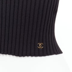 CHANEL 01A gold CC logo charm  black ribbed V neck cropped vest top FR38 M