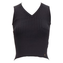 CHANEL 01A gold CC logo charm  black ribbed V neck cropped vest top FR38 M