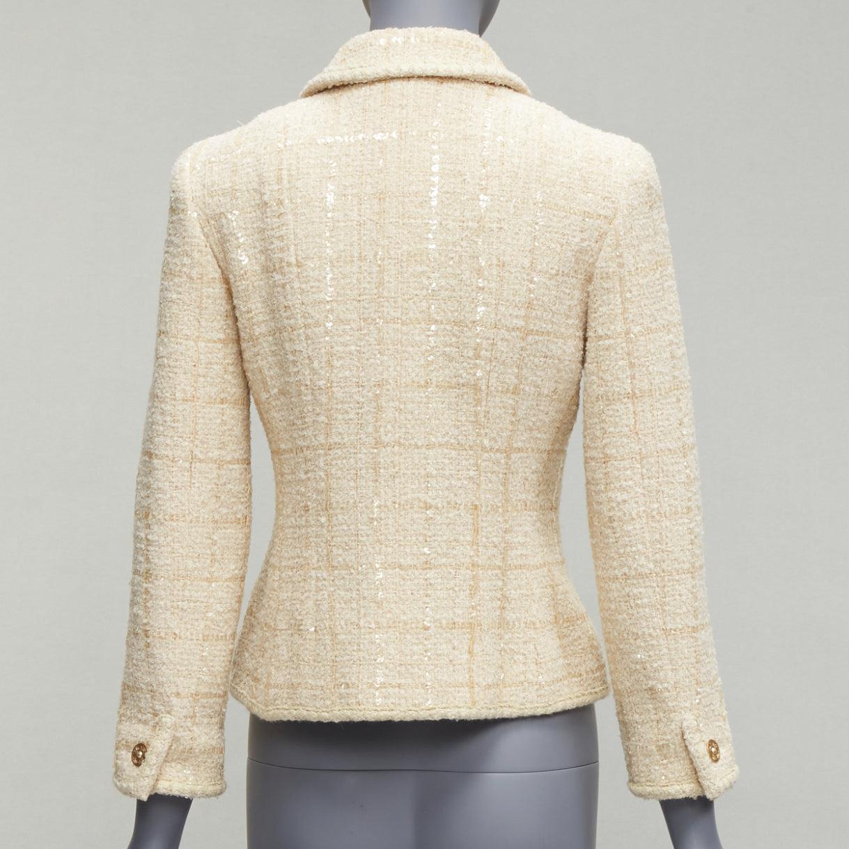 CHANEL 01A Vintage cream sequins wool tweed gold CC logo button jacket FR38 M 2