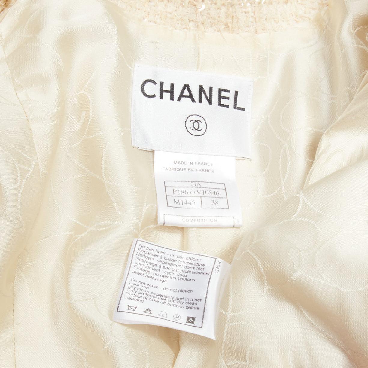 CHANEL 01A Vintage cream sequins wool tweed gold CC logo button jacket FR38 M 5