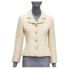 CHANEL 01A Vintage cream sequins wool tweed gold CC logo button jacket FR38 M