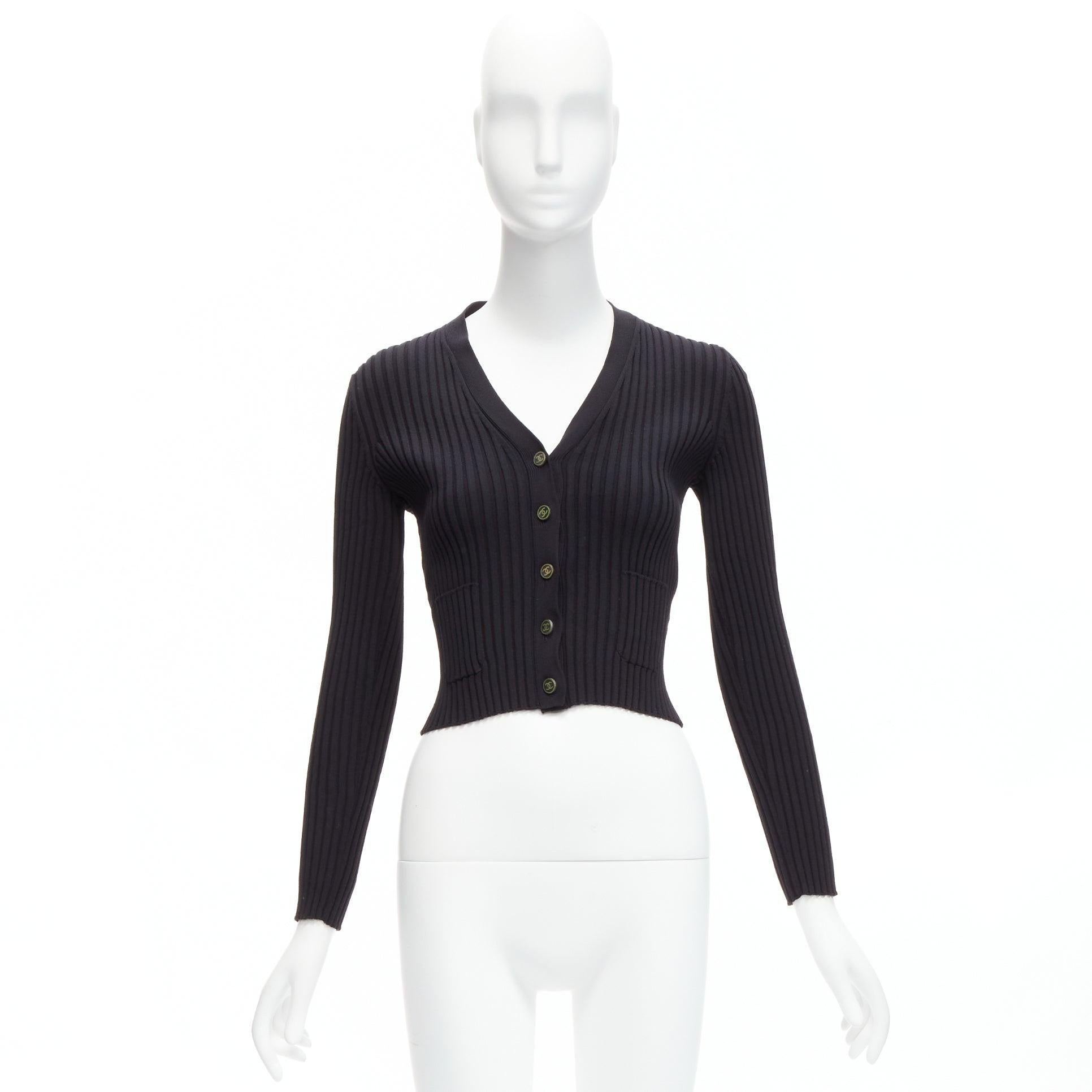 CHANEL 01A Vintage gold CC logo button ribbed cropped cardigan FR42 L For Sale 7