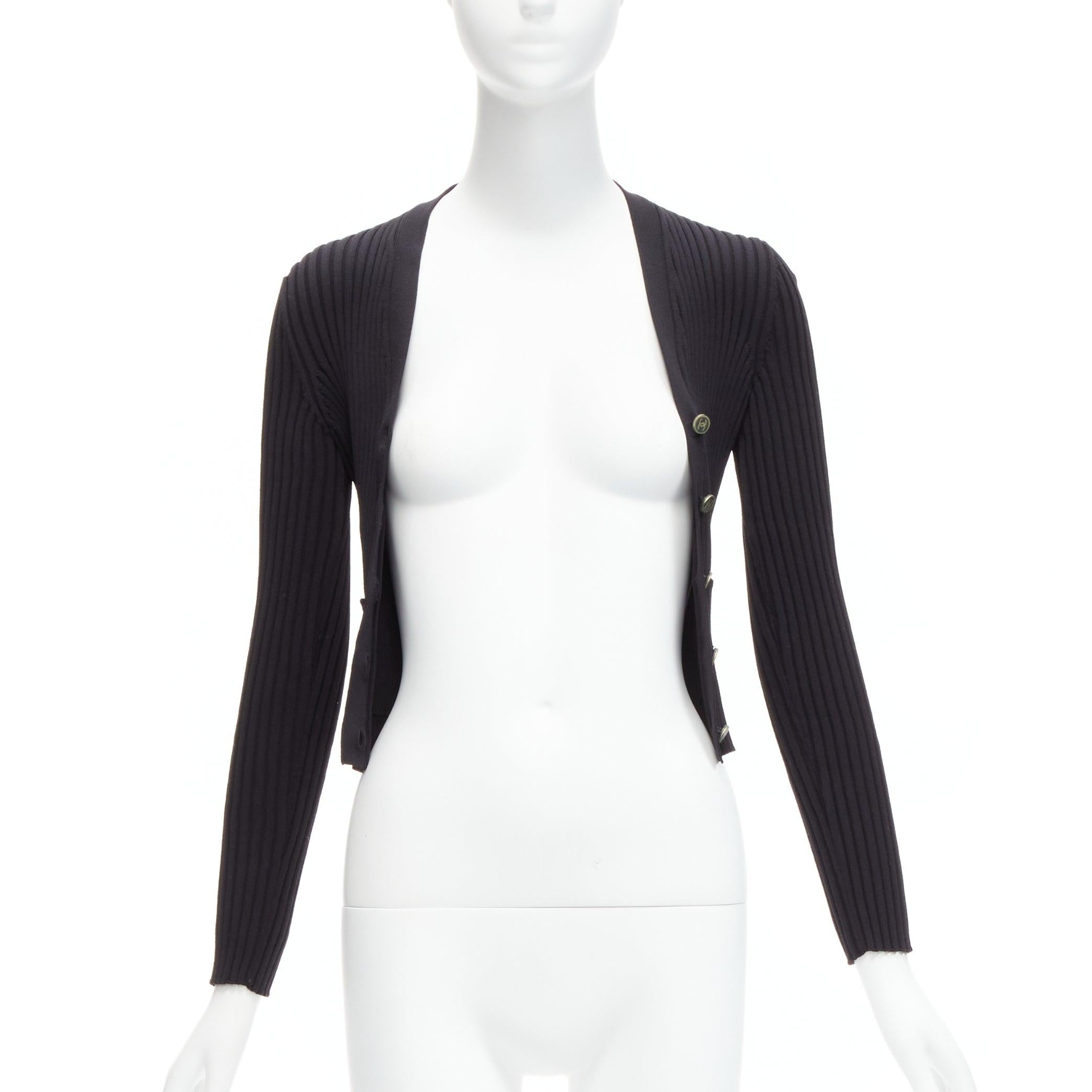 Black CHANEL 01A Vintage gold CC logo button ribbed cropped cardigan FR42 L For Sale