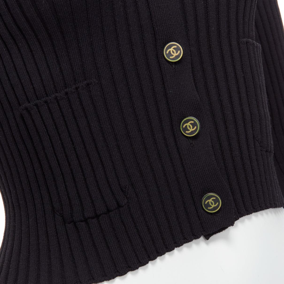 CHANEL 01A Vintage gold CC logo button ribbed cropped cardigan FR42 L For Sale 3