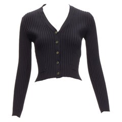 CHANEL 01A Vintage gold CC logo button ribbed cropped cardigan FR42 L
