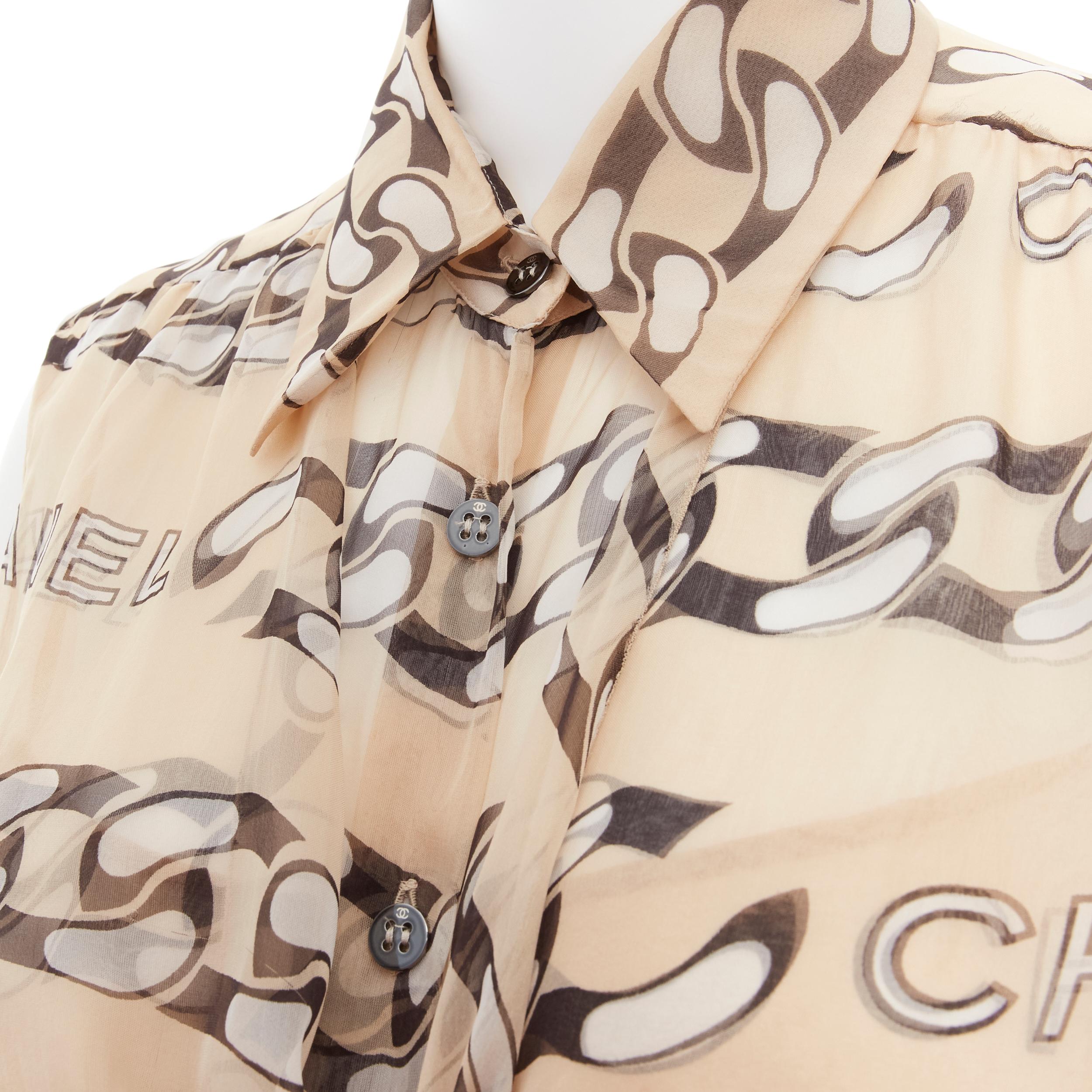 CHANEL 01A Vintage Runway black CC logo chain nude silk front tie blouse FR40 M 2