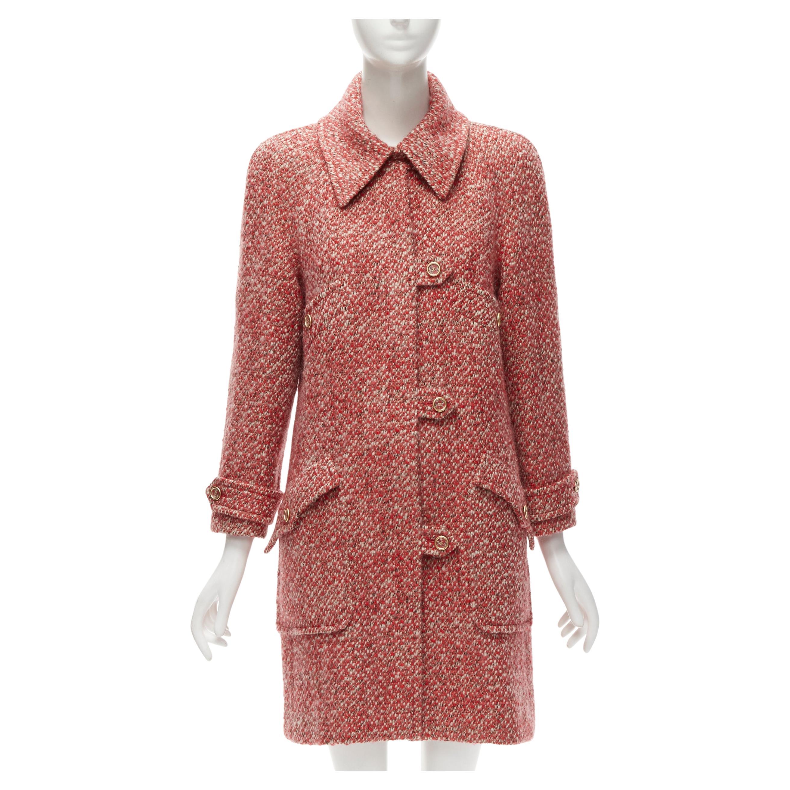 CHANEL 01A wool silk red tweed gold CC button long coat jacket FR40 L