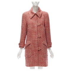 CHANEL 01A wool silk red tweed gold CC button long coat jacket FR40 L