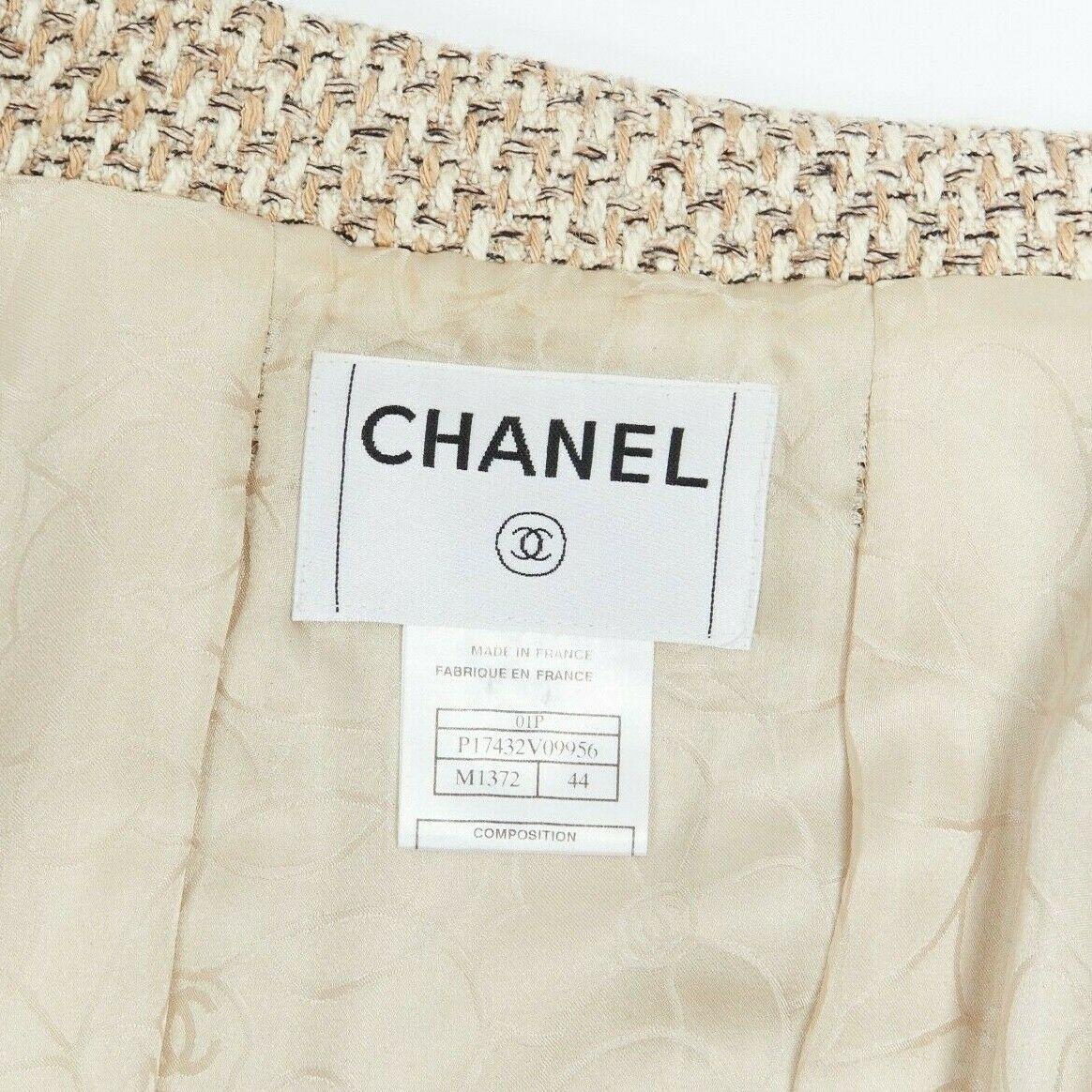 CHANEL 01P beige knit tweed shoulder pad classic straight blazer jacket FR44 5
