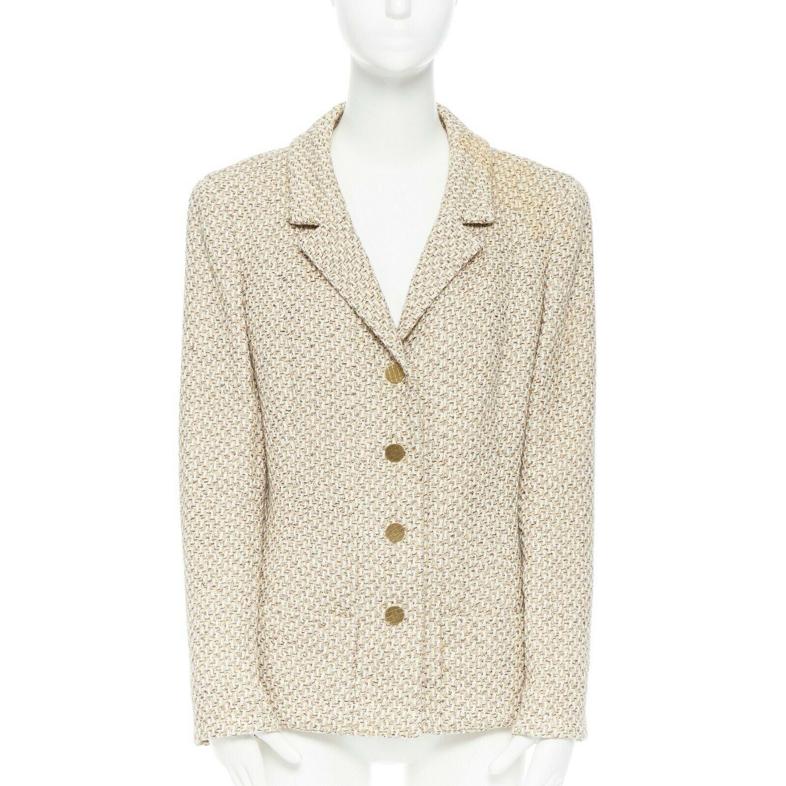Beige CHANEL 01P beige knit tweed shoulder pad classic straight blazer jacket FR44
