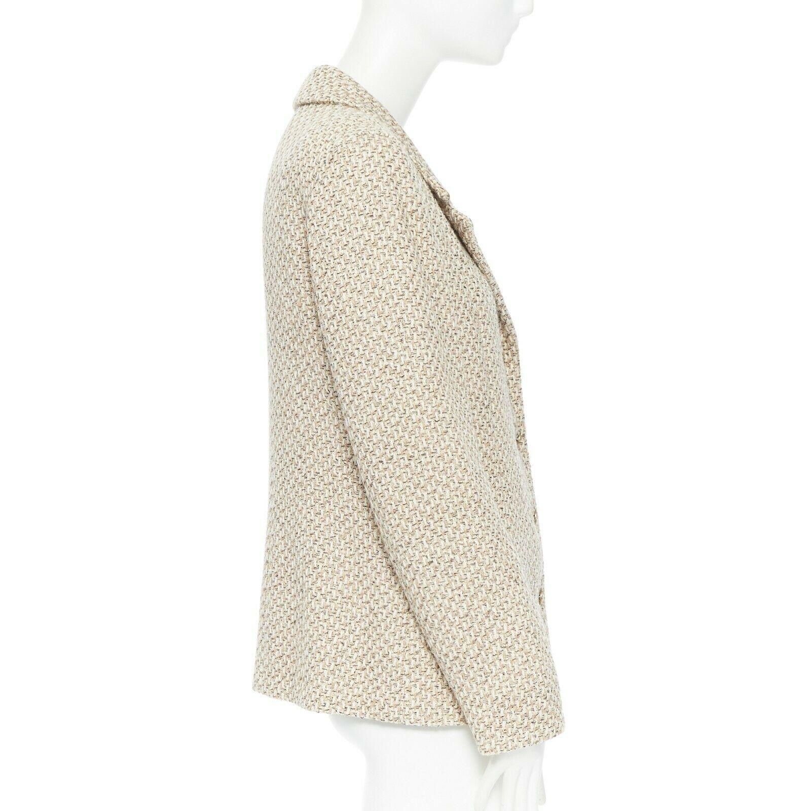 CHANEL 01P beige knit tweed shoulder pad classic straight blazer jacket FR44 In Fair Condition In Hong Kong, NT